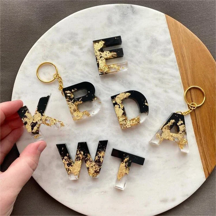 Black Resin Letter A-Z Keychain Alphabet Charm Key Ring with