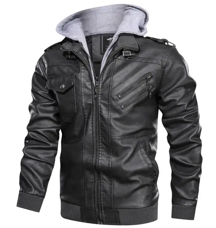 Men Motorbike Pu Leather for Winter Custom Design Zipper Up Casual Motorcycle Jacket with Hood_voghion.com