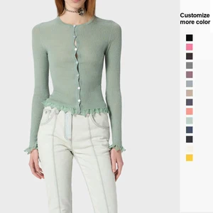 Women's Casual Autumn  Cardigan JLong Sleeve Round Neck Button Lace Solid Color Knit Sweater