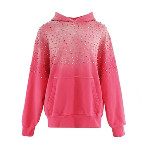 Customizable Girls Gradient Pink Hoodie Sparkling Rhinestones Decor Kids Fashion Sweatshirt