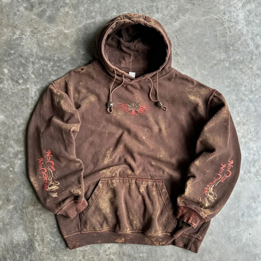 Aangepaste straatdra-kapjas met vintagewas- en beskadigde effek, skermopdruk, oorspronklike grootte, losse pasvorm, uniseks, modieuse merk, kapjas-sweater met kap, privaat