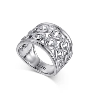 Original Design 9k 14k 18k White Gold Heart Shape Hollow-out High Polish Wide Band Diamond Ring for Women