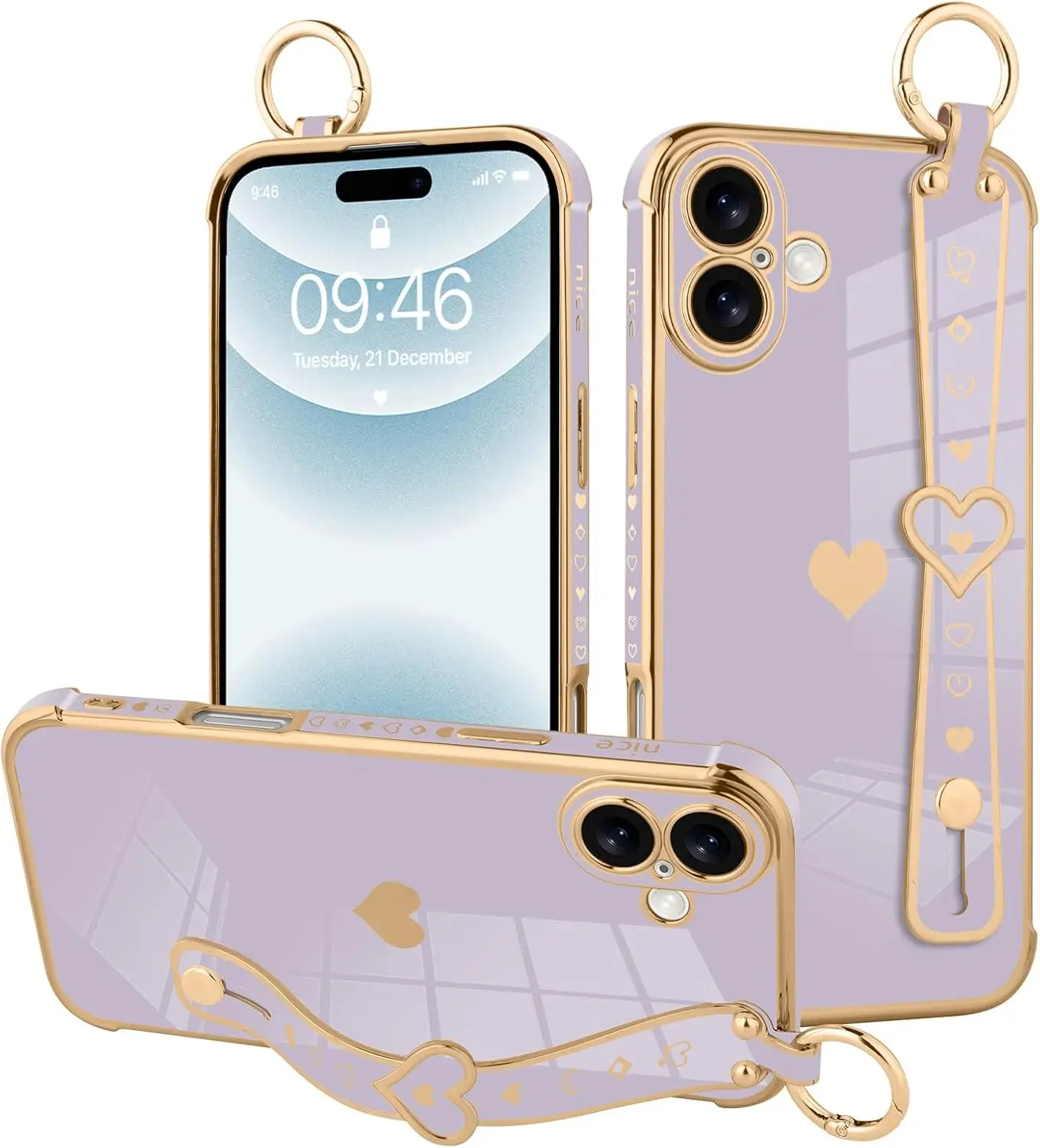 Case for iPhone 16 Cute Love Heart Pattern for Women Girls Soft Plating Bumper Cover with Wrist Strap Band Kickstand Holder