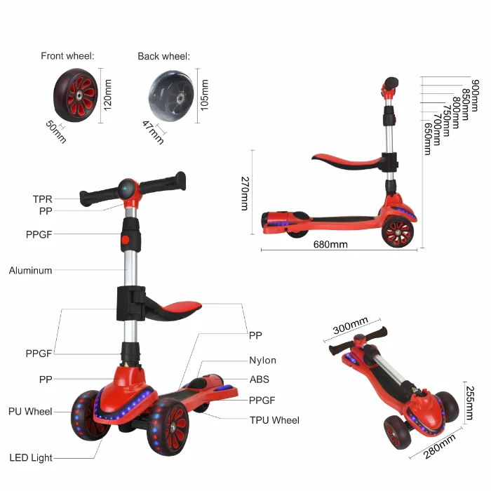 3 Wheel With LED Light 2 in 1 Folding Rocket Spray Smoke Bubble Seat for Children Manufacturer Kids Kick Foot Scooter for Sale