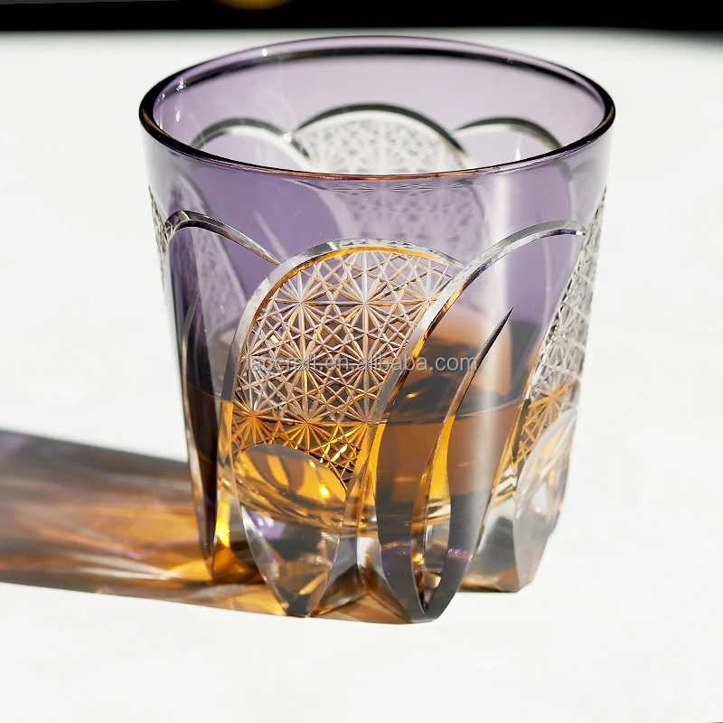 Japanese Edo Kiriko Purple Crystal Glass Cup 9oz Hand Carved Whisky Tumbler Fashionable Wine 1167