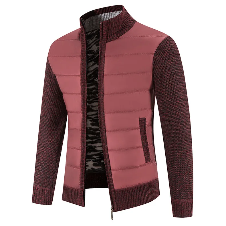 2024 New Men's Knitwear Coat Fashion Patchwork Cardigan Stand Collar Cotton Padded Jacket_voghion.com