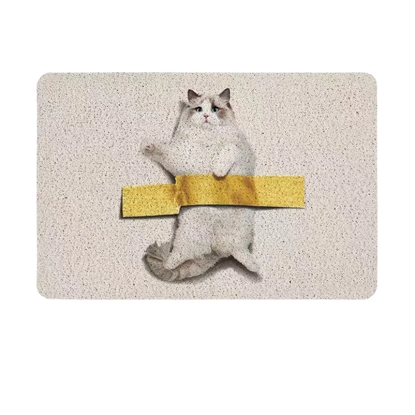 Yellow Doodle Cat Print Floor Mat