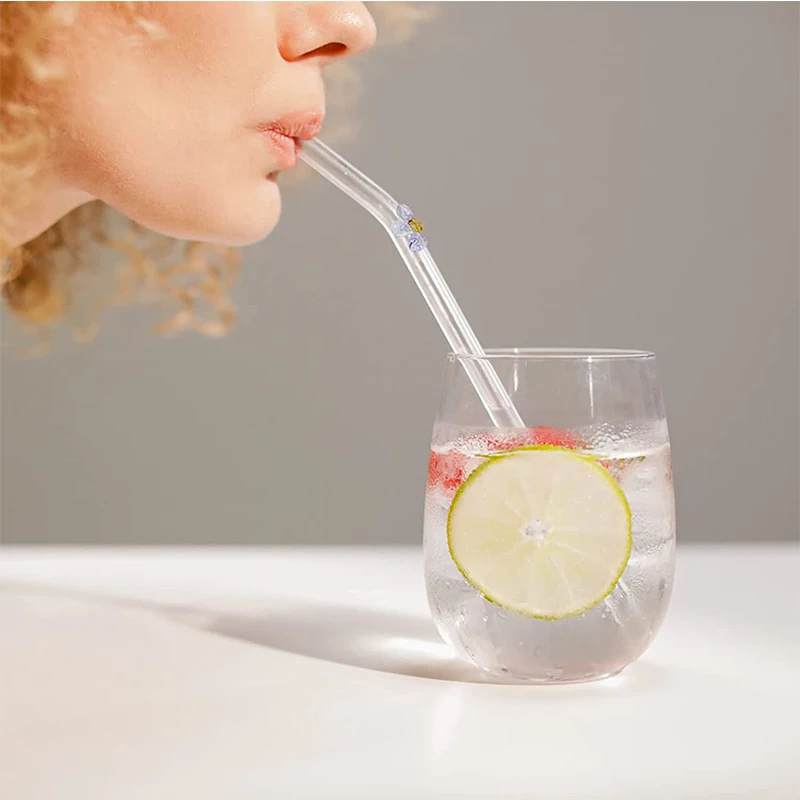 Прозрачная многоразовая Изогнутая Стеклянная соломинка для питья с красочным цветочным дизайном и чистящей щеткой