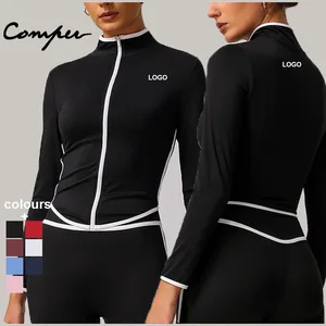 Stylish Breathable Lightweight Quick-Dry Contrast Color Yoga Jacket Full Zip Long Sleeve Skinny Fit Workout Outerwear