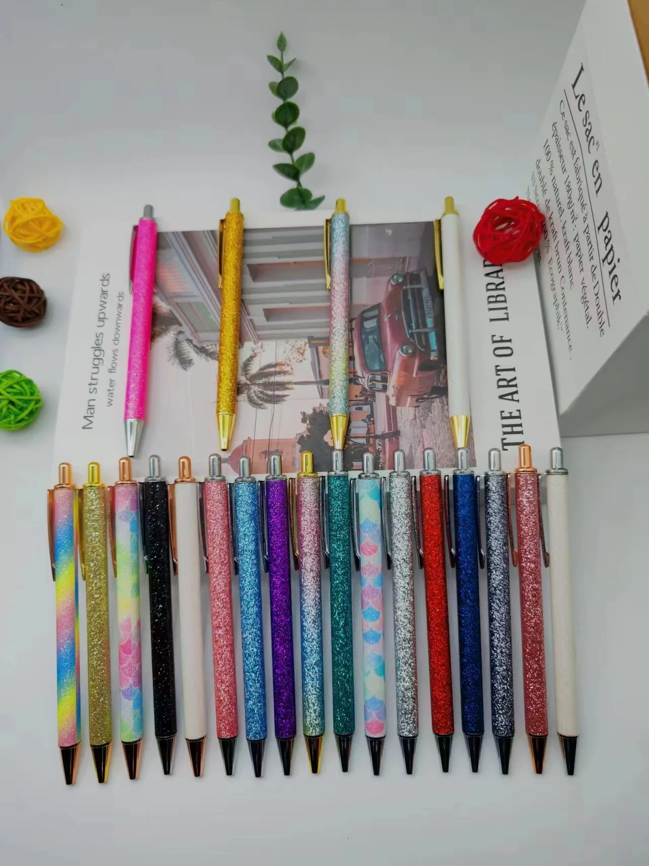 Quality Glittering Non No Clip Pen Blanks Epoxy Pens Without Clip Refillable Rose Gold White