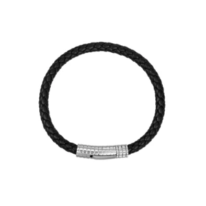 Stainless Steel Ribbed Clasp Braided Black Leather Bracelet for Men