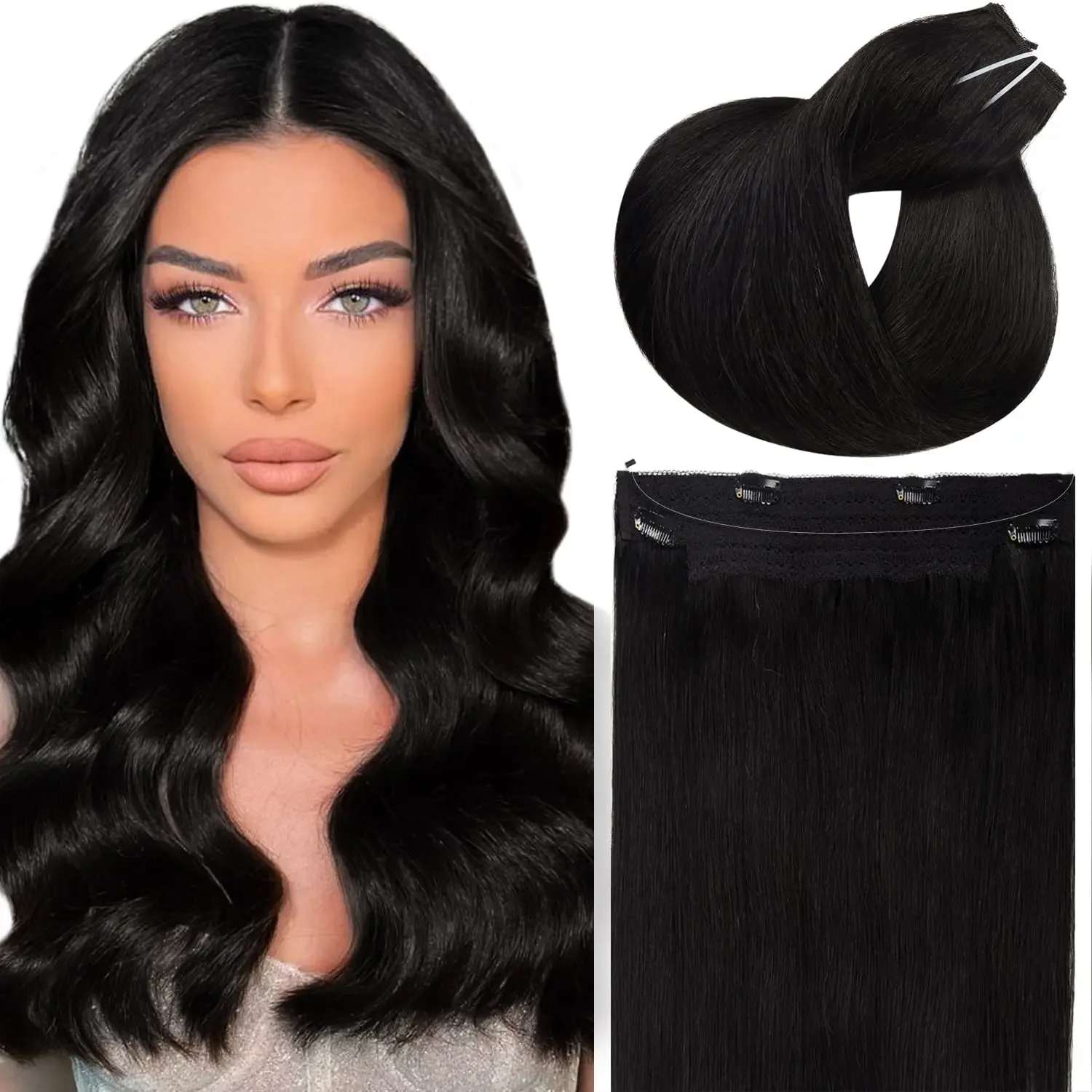 Extension per capelli umani con linea di pesce dritta con 4 clip, filo invisibile, 100% veri capelli neri Remy per donna_voghion.com