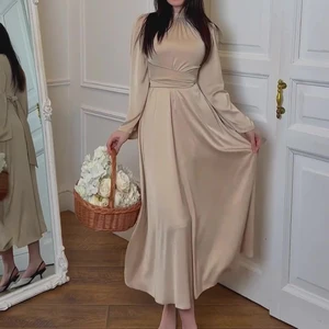 Wisrise Fashion New Arrival Women's Beige Satin Turtleneck Bubble Sleeve  Flowy Maxi Dress for Party&Daily Dating