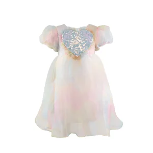 Hot Selling Baby Girl Rainbow Tulle Puff Sleeve Sequined Love Party Kids Dresses for Girls