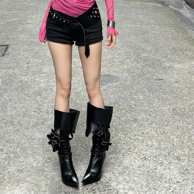 2024 New Style Ladies Leather Knee High Pointed Toe Knight Sandals Hollow Boots High Heel Boots Women Shoes Knee-high - Image 5