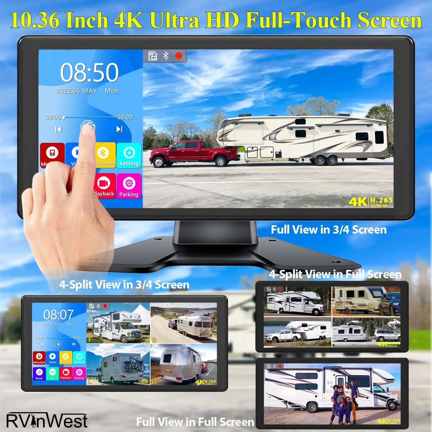 Touch Control BLE Connection Screen Mobile Phone Mirror Link 4CH 4K Ultra HD 10.36 Inch Car Monitor Vehicle Truck Dash Cam
