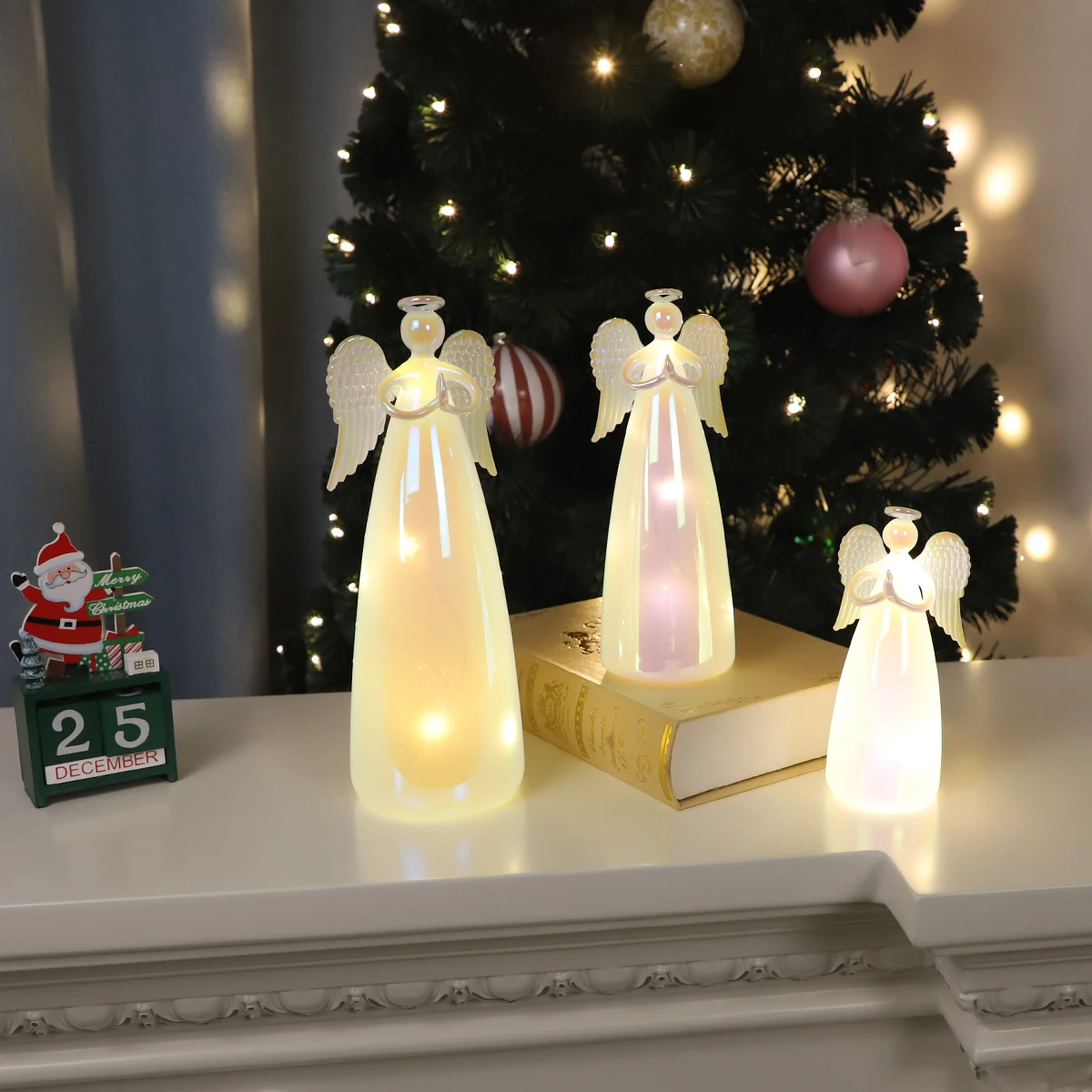 LED lighted pearl color white iridescent handmade glass angel with led light Christmas decor gift for sale supplier