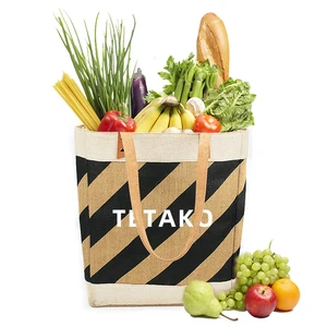 Custom Waterproof Lining Portable Reusable Large Capacity Shopping Lightweight Eco-Friendly Jute Tote Bag with Leather Handles