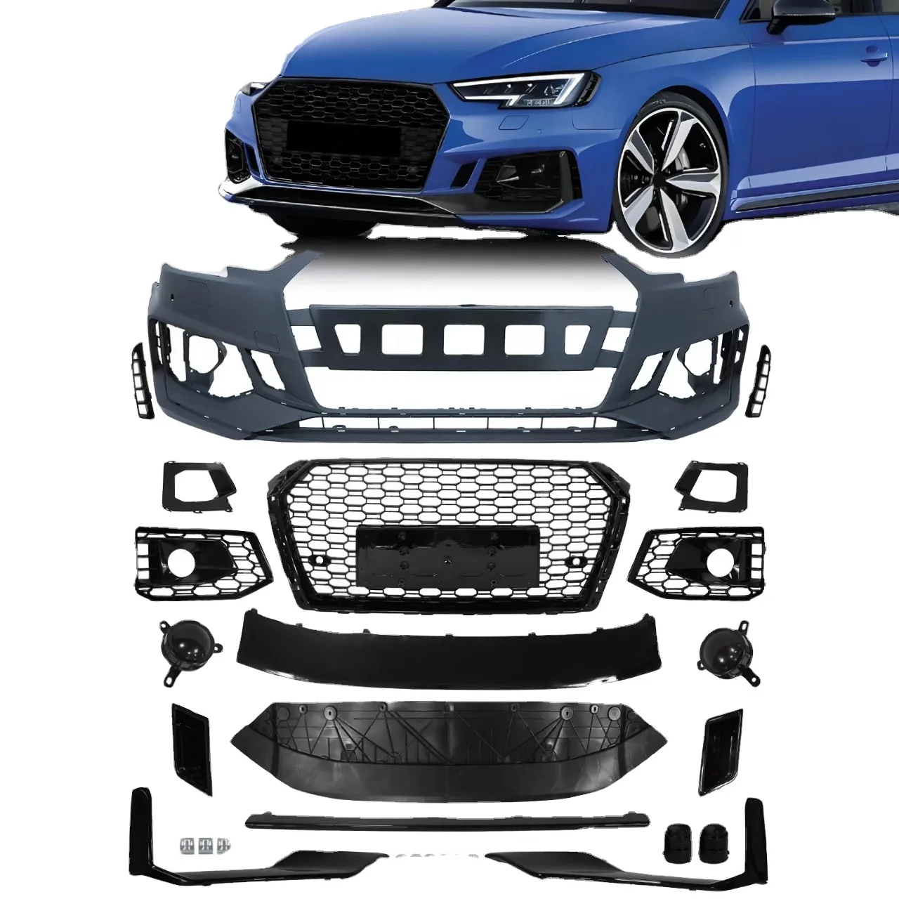 Car A4 S4 B9 Front Bumper Assembly Facelift Upgrade RS4 Style Body Kit With Grill 4 Rings Logo