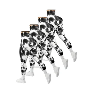 4 Piece Women's High Elastic High Waist Slim Fit Breathable Seamless Tie Dye Black and White Ink Wash Yoga Pants