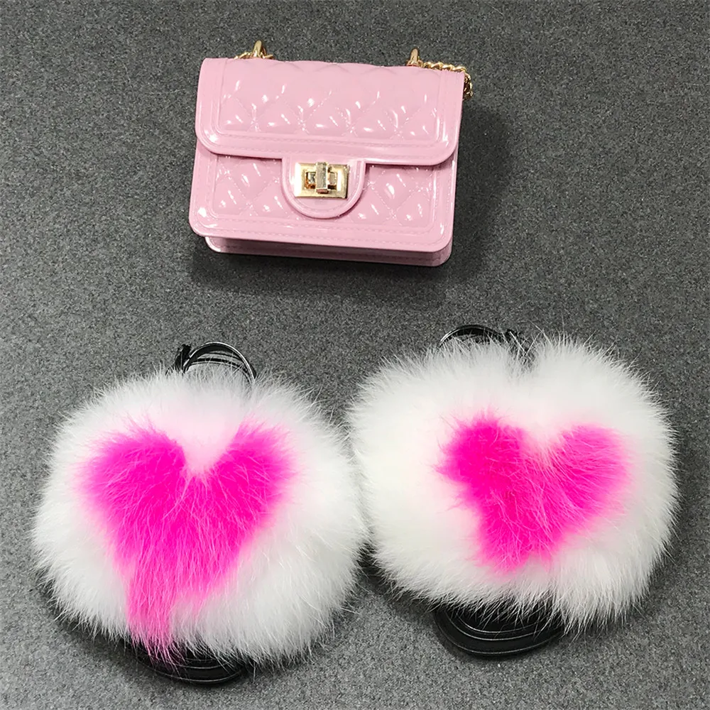 Modern Cheap Slippers Girl Soft Sole Real Racoon Fur Sandals Kids Matching Jelly Purse And Fur Slides With Strap
