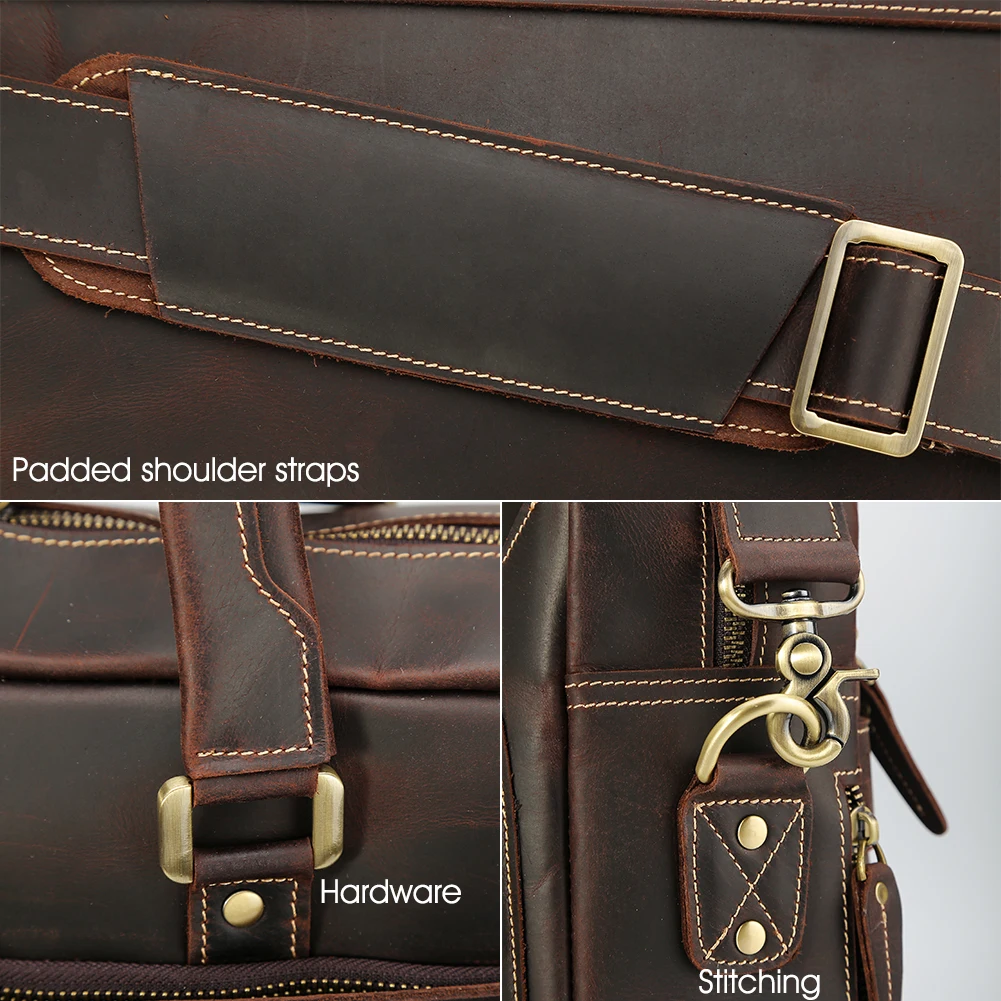 Mens Top Quality Full Grain 17 Inches Multifunction Vintage Portfolio Leather Messenger Laptop Shoulder Briefcase Bag