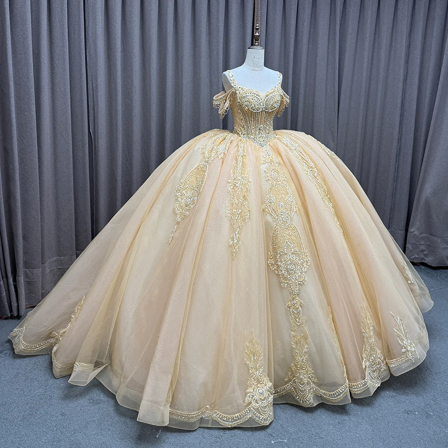 Luxury Gold Royal Bridal Ball Gown with Chapel Train, Illusion Lace-Up Back, Pearl Crystal Bow Wedding Dress Quinceanera Dress