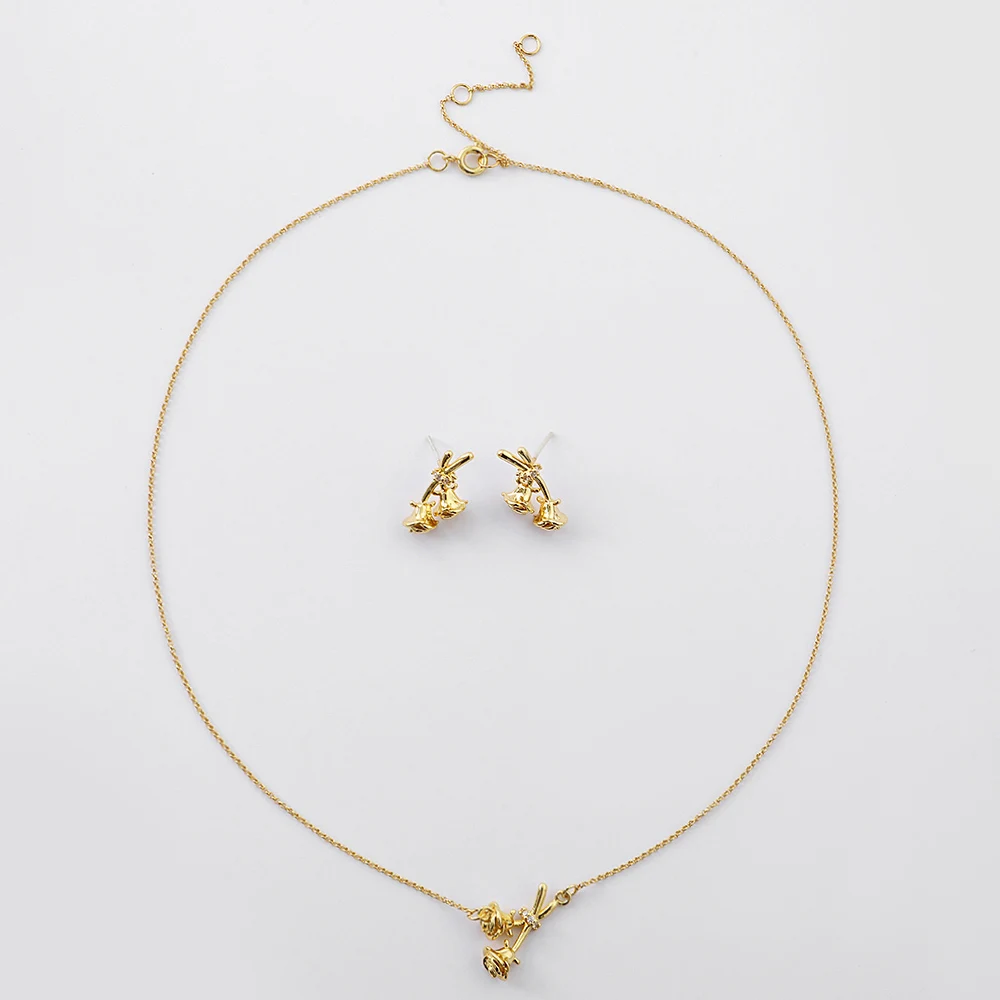 Wholesale Fashion Jewelry Custom Gold Plated Glamour Statement Copper Diamond Flower Necklace Earrings Jewelry Set for Women