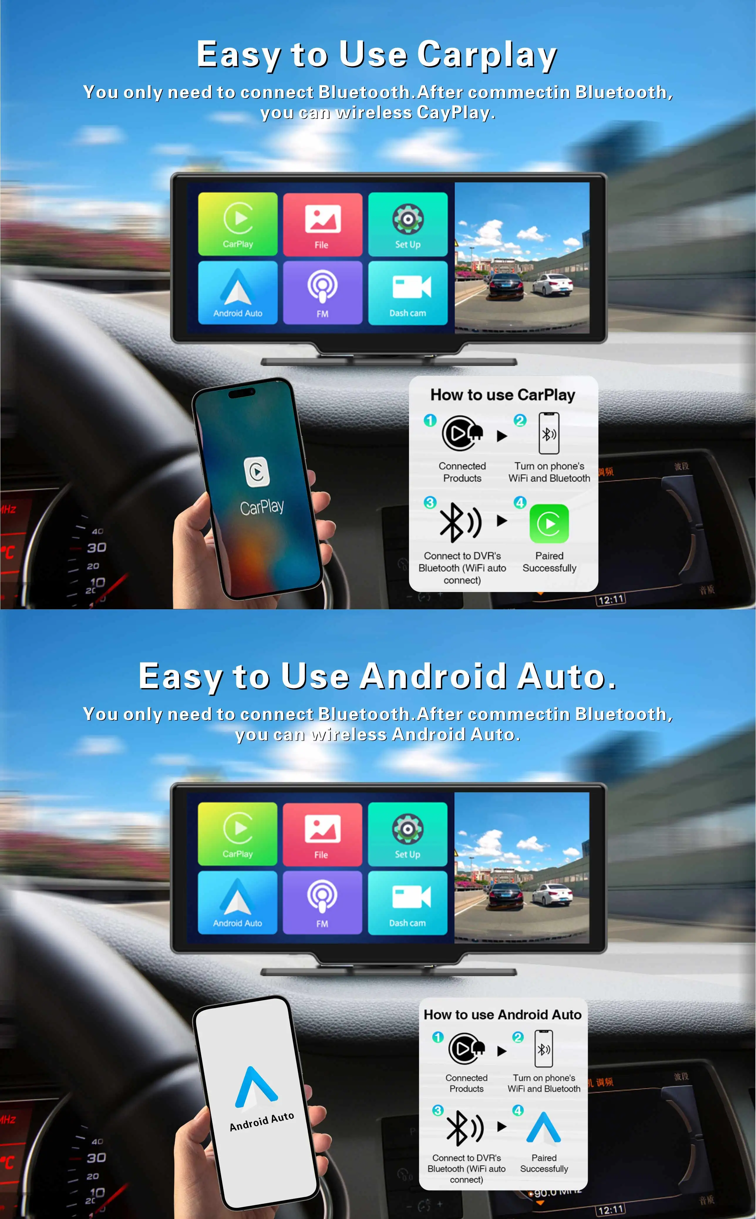 Universal Wireless Android Auto Touch Screen Dashcam Gps Navigation 4k