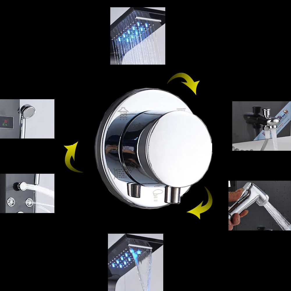 LED Light Shower Faucet Waterfall Rain Black Shower Panel in Wall Shower System with Spa Massage Sprayer Bidet Head Handshower
