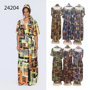 New Wholesale Summer Fashion Stitching Printing Retro Lace V-neck Short Sleeve Loose Casual Dress