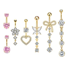 7Pcs/Set Women Sexy Navel Ring Piercing Set Pink Zircon Inlaid Butterfly Heart-Shaped Dangle Belly Rings Piercing Jewelry