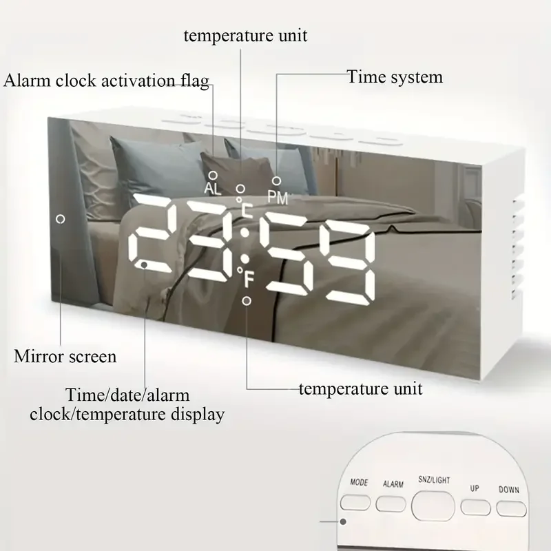 LED Multi-function Snooze Display White Time Table Alarm Digital Clock Modern Mirror Alarm Clock LED White Light Table Lamp