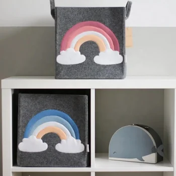 Durable rainbow cloudy square foldable toy kids Eco-friendly Baby Cloth felt Storage Basket