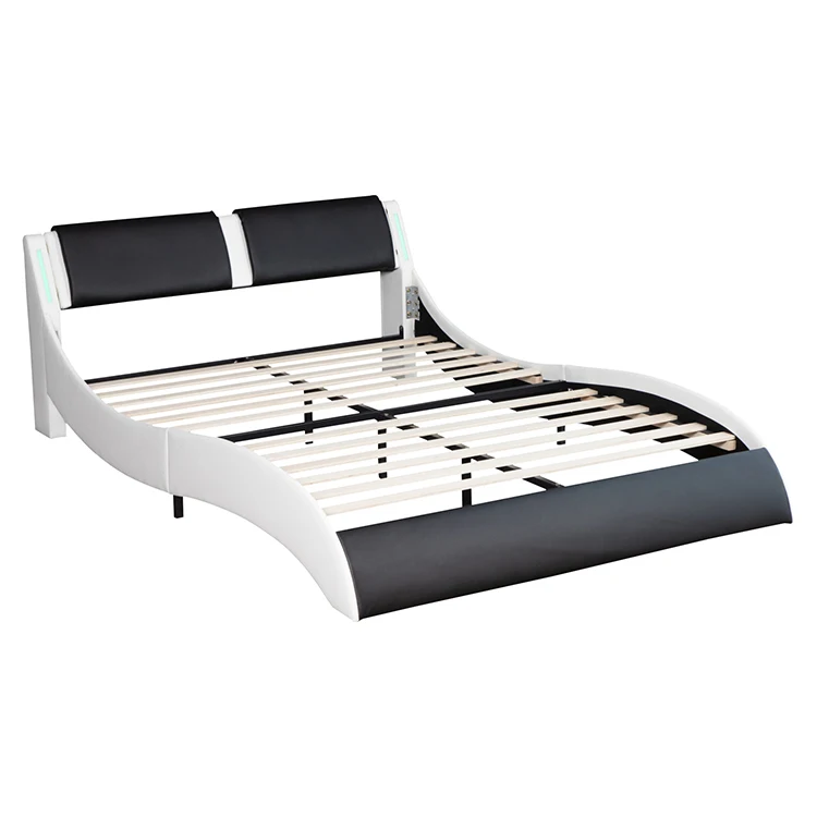 Willsoon Modern Curve Double Upholstered Bed Wooden Faux Leather with LED Headboard Soft and One Package for Home