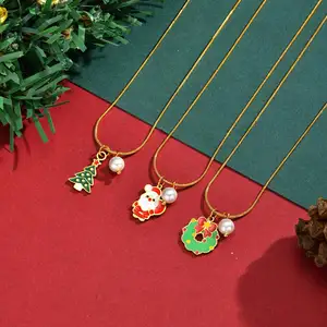 Holiday Season Gift Necklace for Women Xmas Santa Claus Christmas Tree Gold Pendant Fashion Jewelry Wholesale