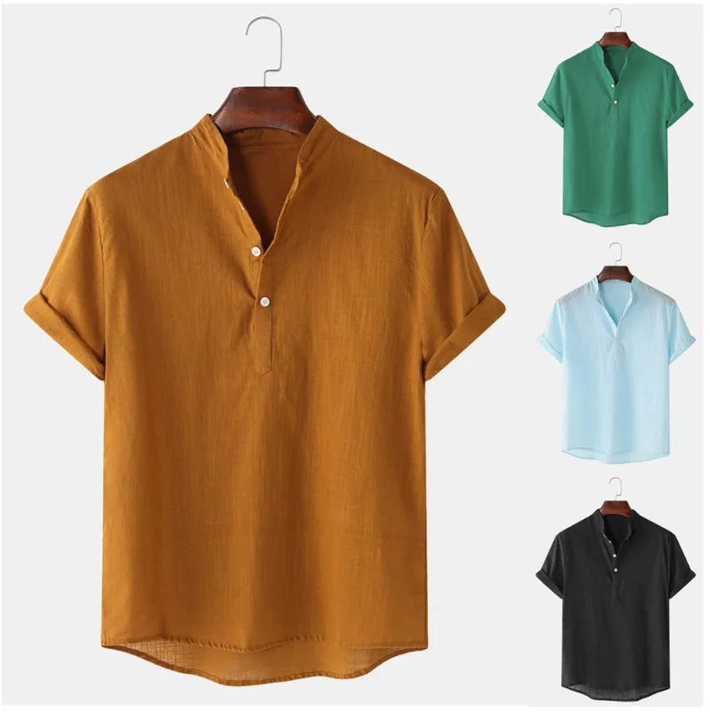 Men Summer Shirts Sand Collar V-neck Cotton Linen Short Sleeve Solid ...