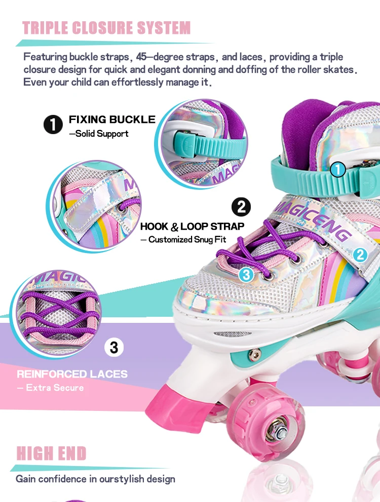 Magiceng Adjustable Quad Skate 4 Light Wheels Indoor Outdoor Flashing