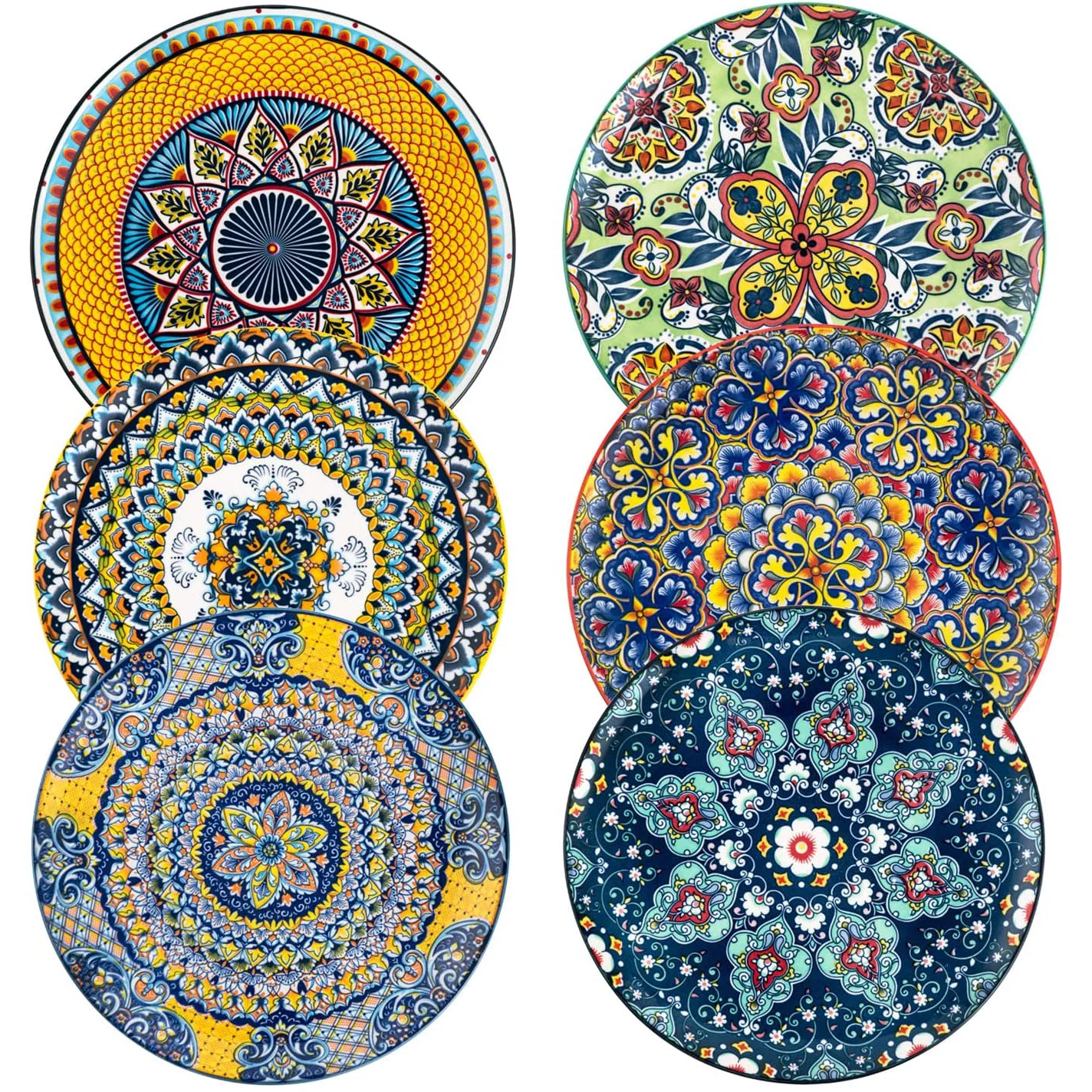 Set of 6 Bohemian Ceramic Stoneware Dinner Plates Colorful Charger Porcelain Tableware for Food & Home Use