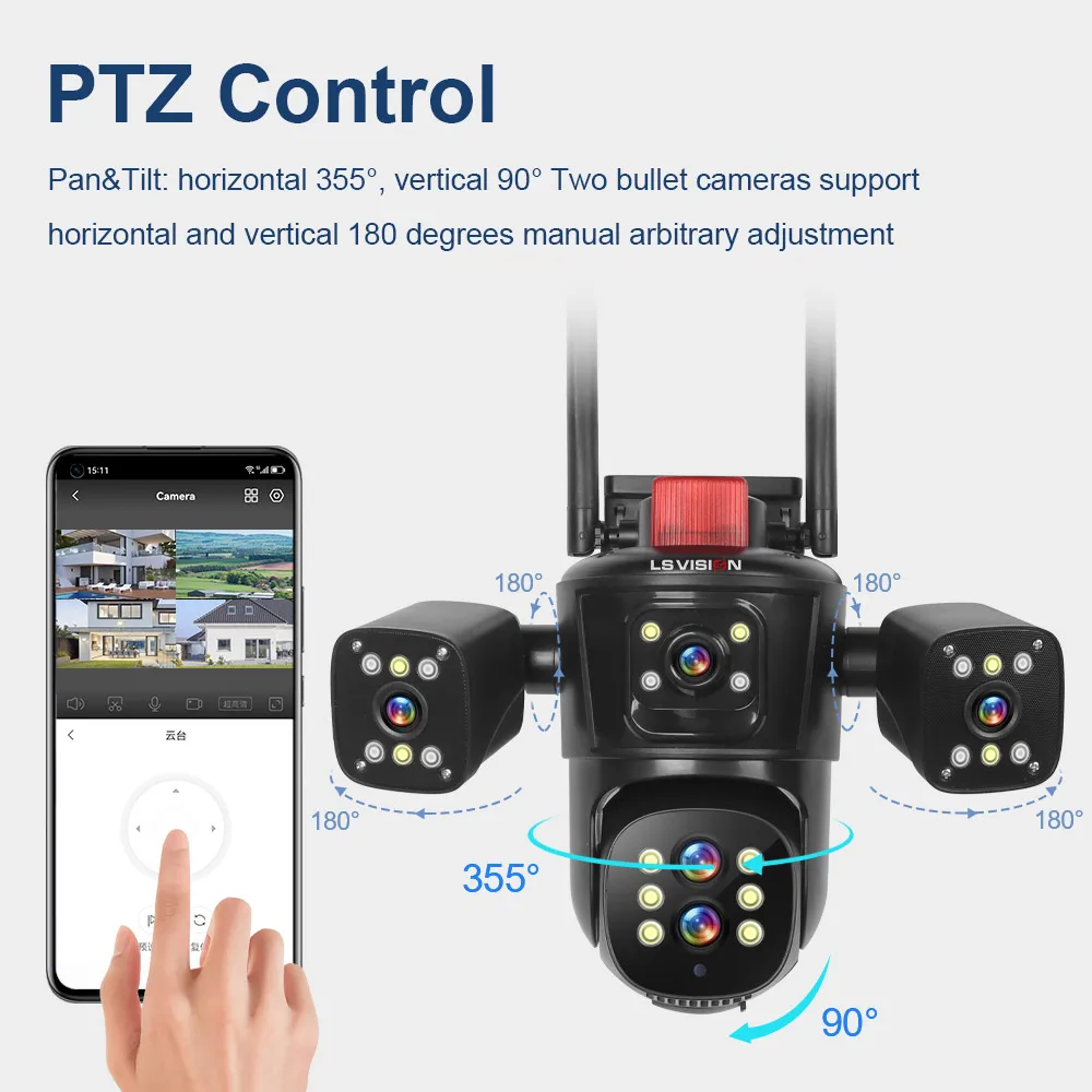 LS VISION 12MP Four Lens Screens 10X Zoom Low Power Outdoor Network WIFI  Security IP PTZ Battery Solar Security Camera System