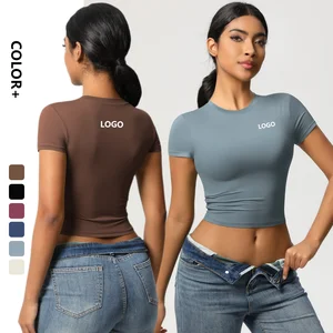 Women's Gym Workout Stretchy Bodycon Basic Tee Tops Crewneck Slim Fitted Short Sleeve Longline T-Shirt