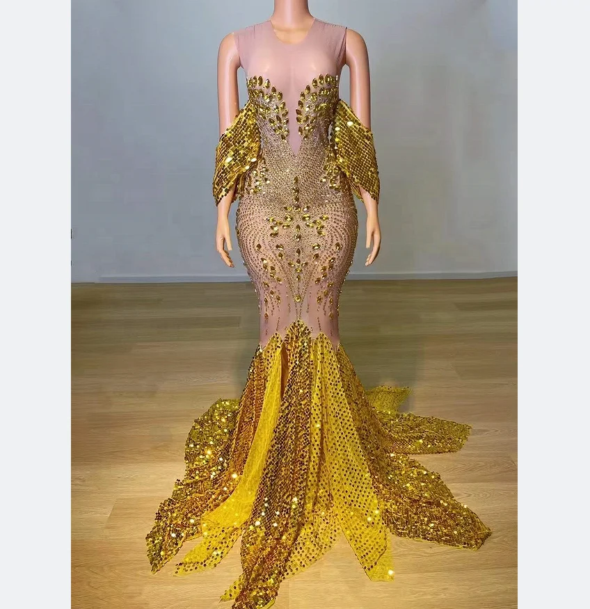 blinged out bridesmaid dresses Sparkly Shinning Mermaid Sweep Train Side Split Sequined Bridesmaid Dr –  SposaBridal