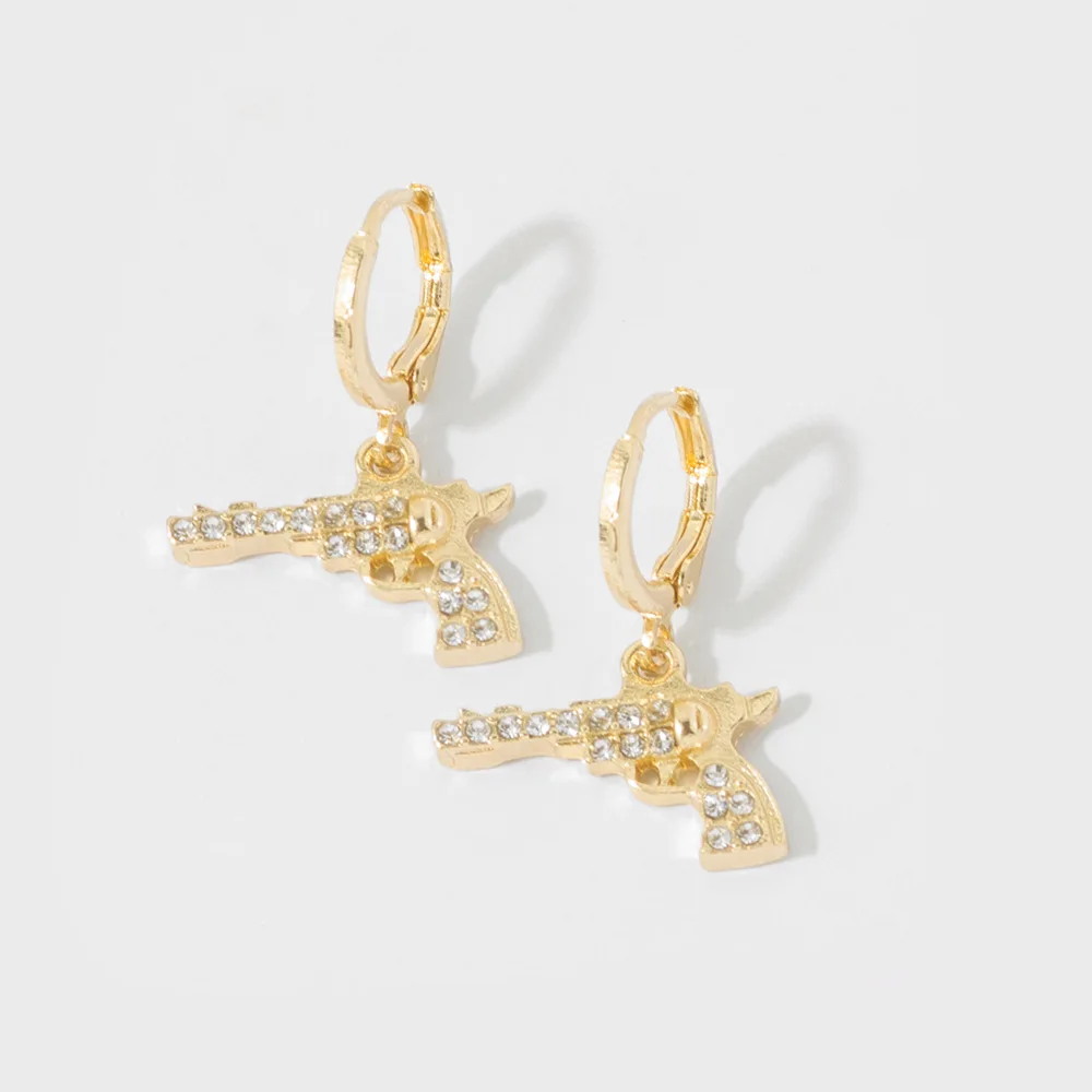 New Trendy Revolver Gun Shape Rhinestone Dangle Earrings for Women Girl Drop Earrings Cute Small Object Earring Fashion Jewelry