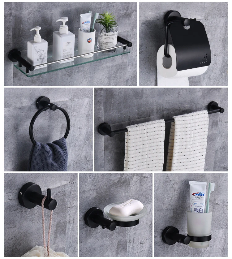 304 Stainless Steel Matte Black Wall Mount Bathroom Shelves Towel Rack Bath Hardware Sets Buy