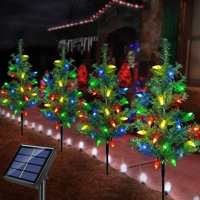 Outdoor Christmas Decorations 4 Sets Solar Christmas Tree C6 Led Lights