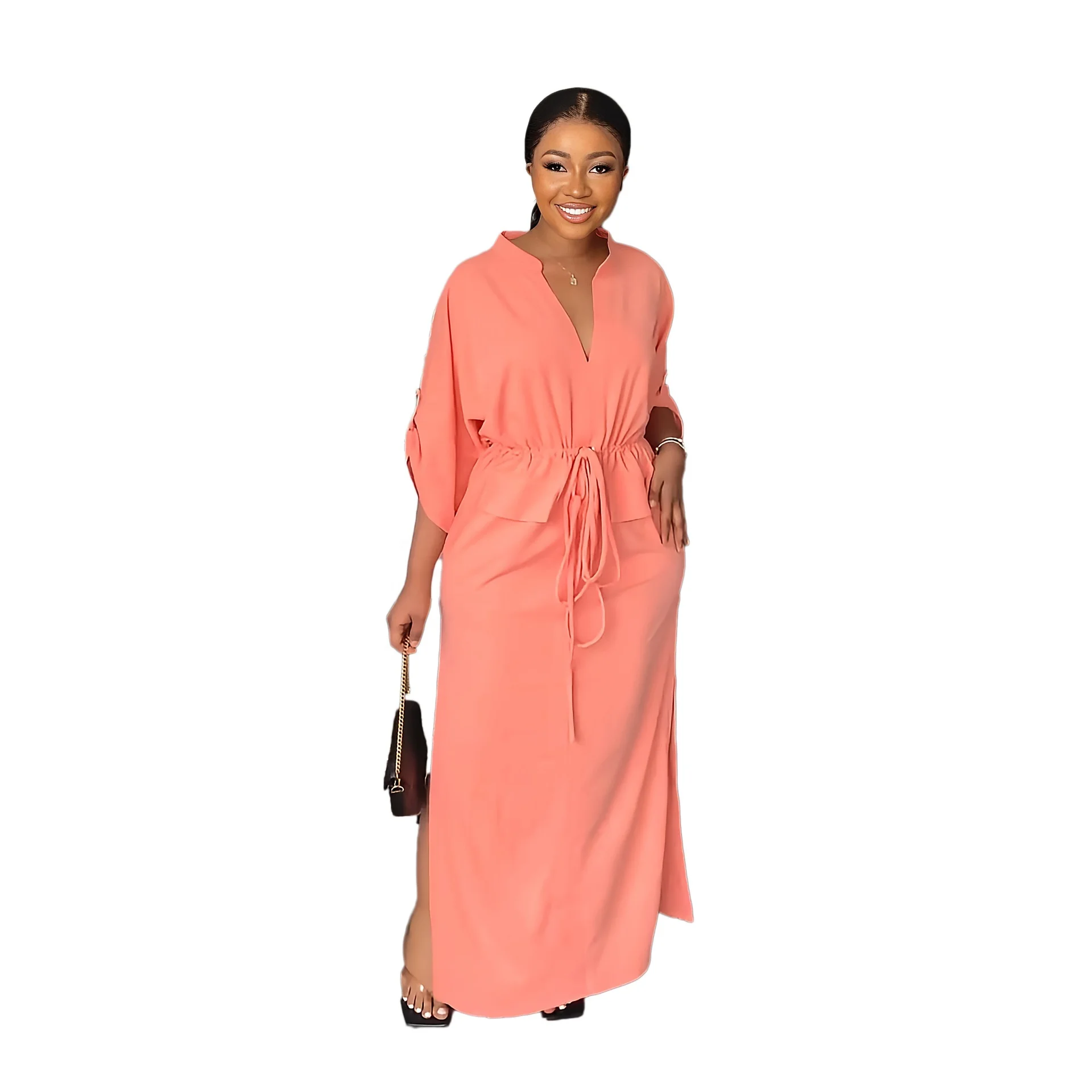 Latest Design Half Sleeve V Neck Stand Collar Office Dresses Women Formal Work Maxi Dress Drawstring Side Slit Summer Dress