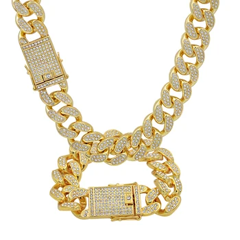Hot Selling Hip Hop Style 18K Gold Men's Diamond Necklace 24 Inch Large Gold Chain Cuban Chain Jewelry Set