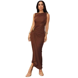 Summer Women's Solid Color Fashionable Button Front Woven Washable Sleeveless Sexy Slim Fit Slit Dress