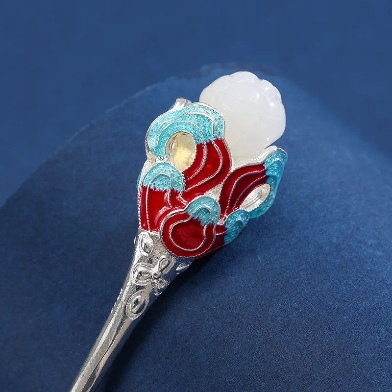 Женская синяя красная перегородчатая шпилька для волос в древнем стиле Hetian Jade Lotus Stick Pin Buyao