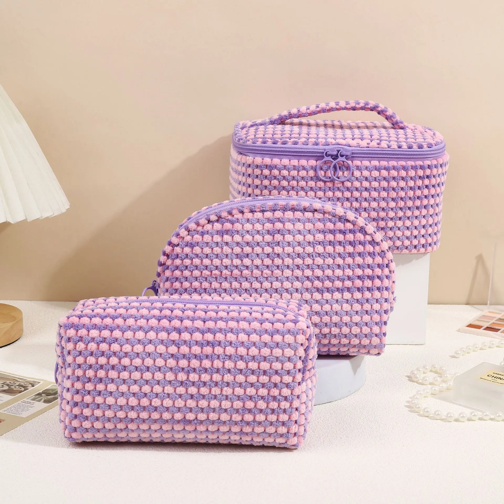 3 Piece Set Plaid Chess Macarons Soft Plush Flannel Travel Cosmetic